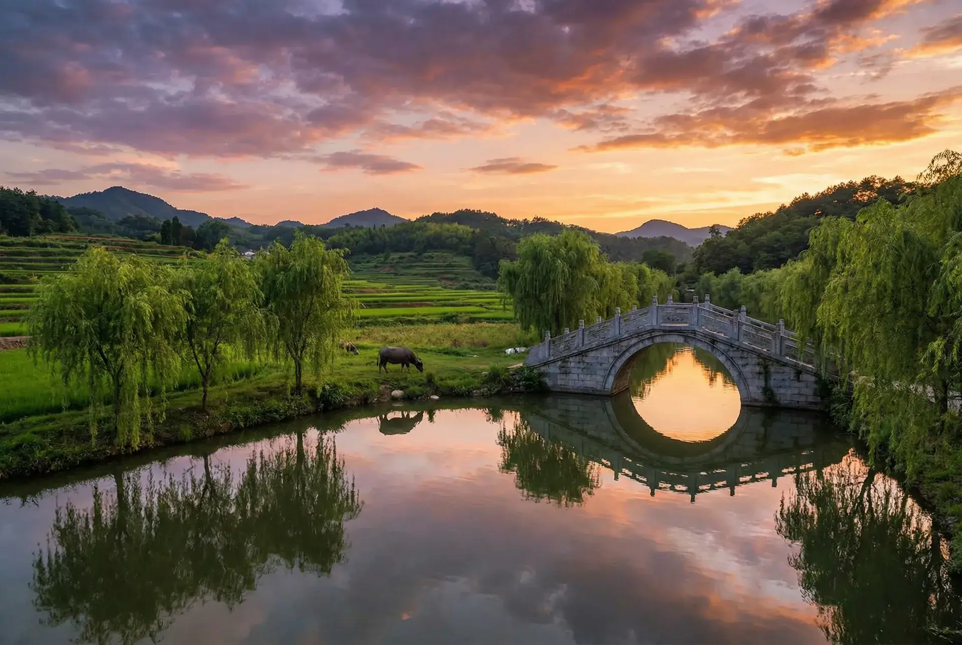 夕阳下的石拱桥与垂柳，水牛在河边吃草 - 野花服务器 乡村美景